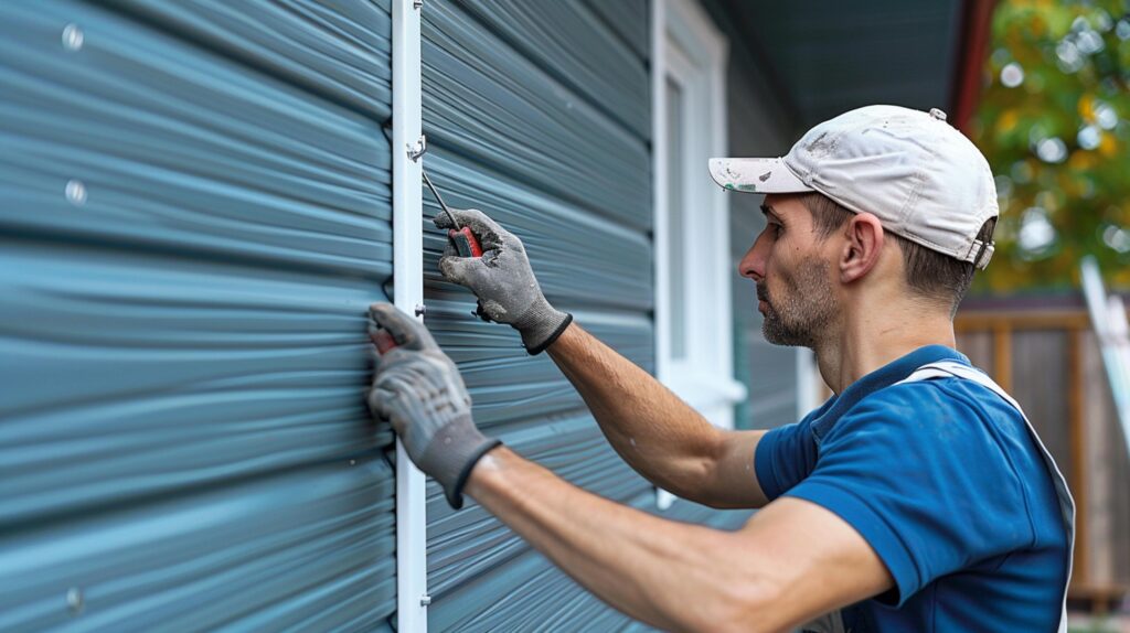 Technician adjusting guide rails during professional roller shutters servicing
